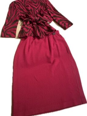 St John Collection 2pc Animal Print jacket and solid cranberry red skirt.